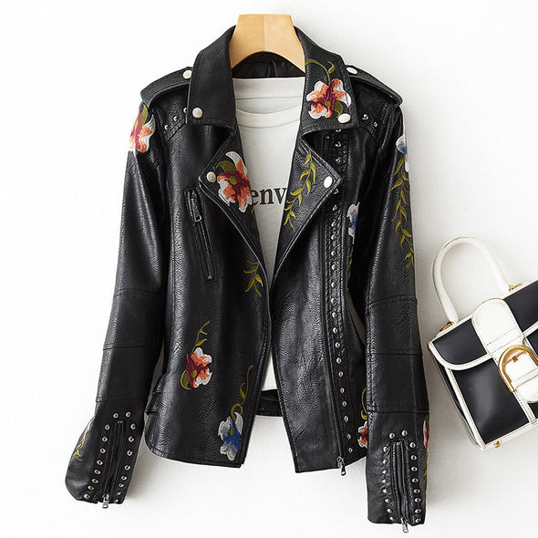 Women's Leather Jacket With Embroidery And Studs