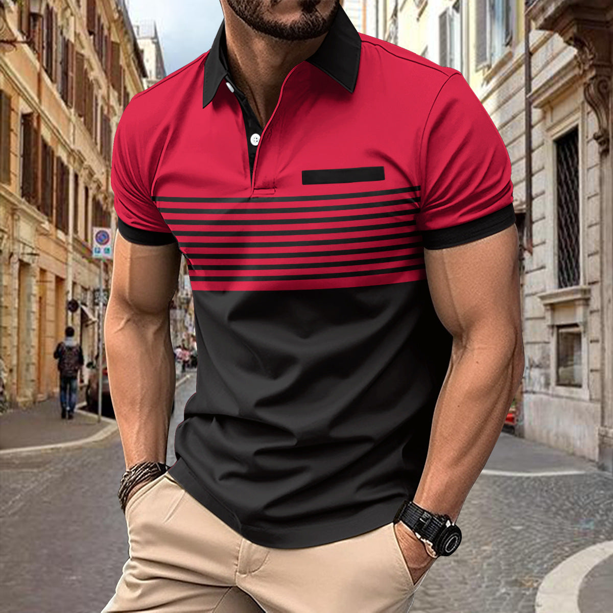 Men's Slim Fit Short Sleeve Polo Shirt with Striped Colorblock Design