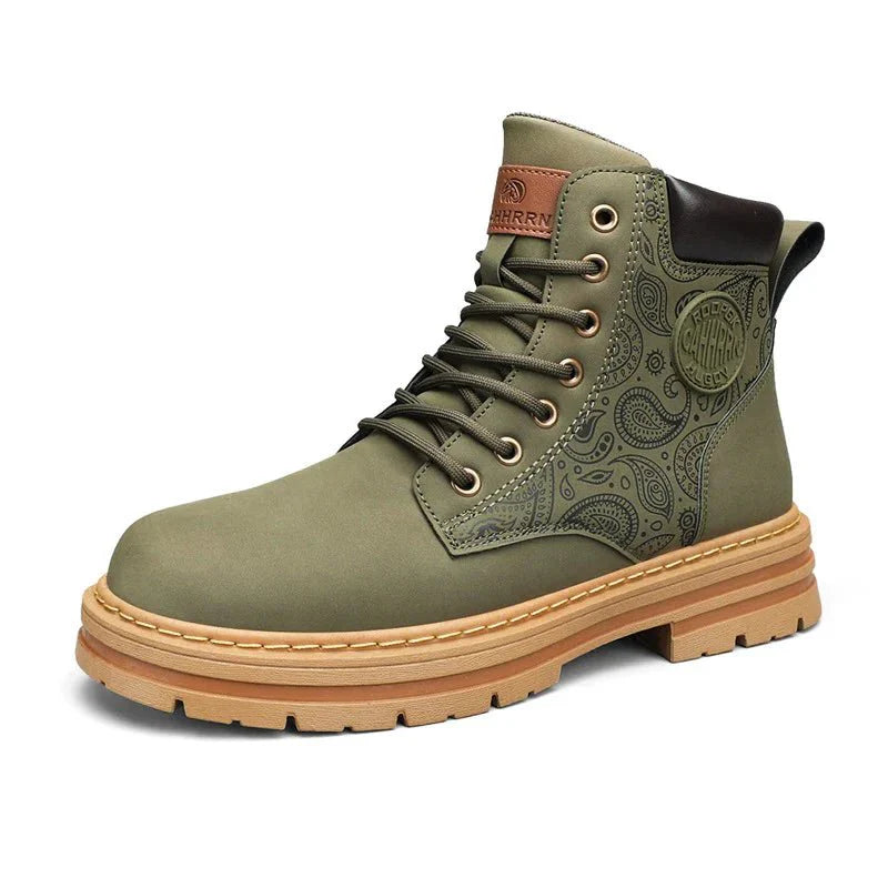 Men’s Lace-Up Work Boots with Rugged Sole and Patterned Side Design