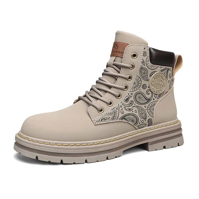 Men’s Lace-Up Work Boots with Rugged Sole and Patterned Side Design