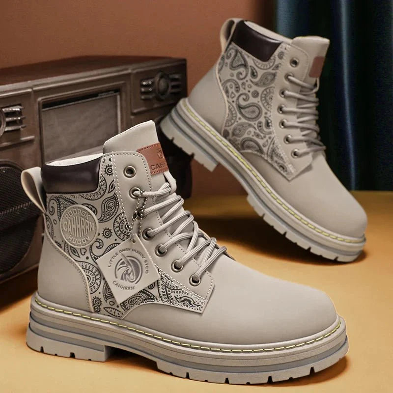 Men’s Lace-Up Work Boots with Rugged Sole and Patterned Side Design