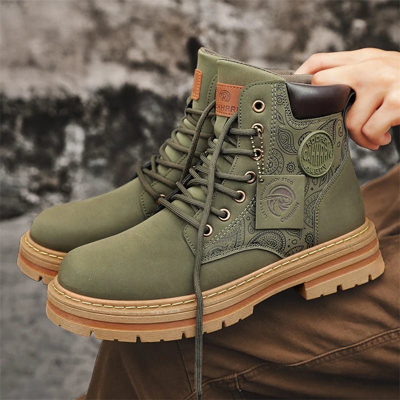 Men’s Lace-Up Work Boots with Rugged Sole and Patterned Side Design
