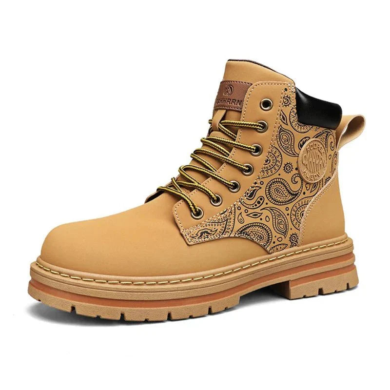Men’s Lace-Up Work Boots with Rugged Sole and Patterned Side Design