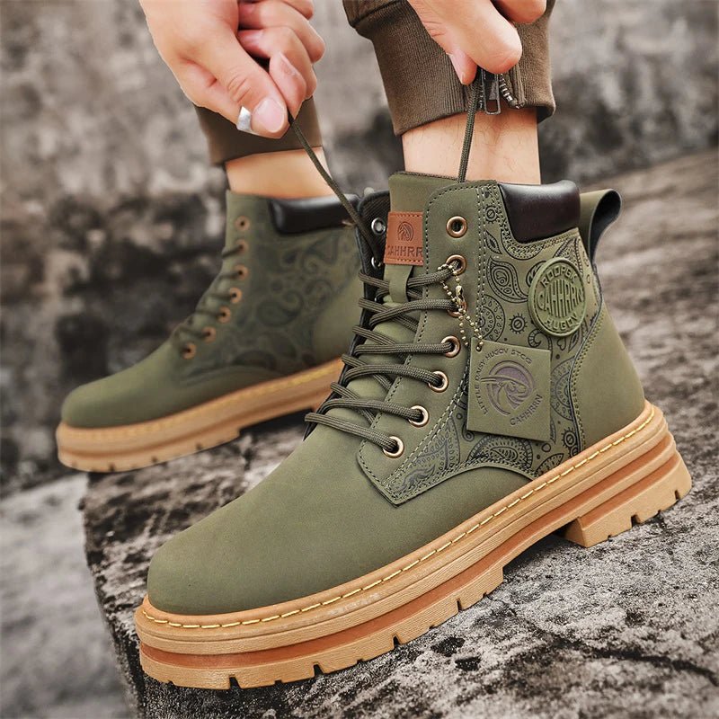 Men’s Lace-Up Work Boots with Rugged Sole and Patterned Side Design