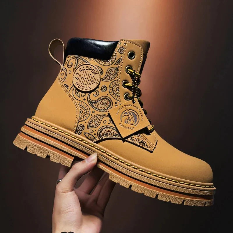 Men’s Lace-Up Work Boots with Rugged Sole and Patterned Side Design