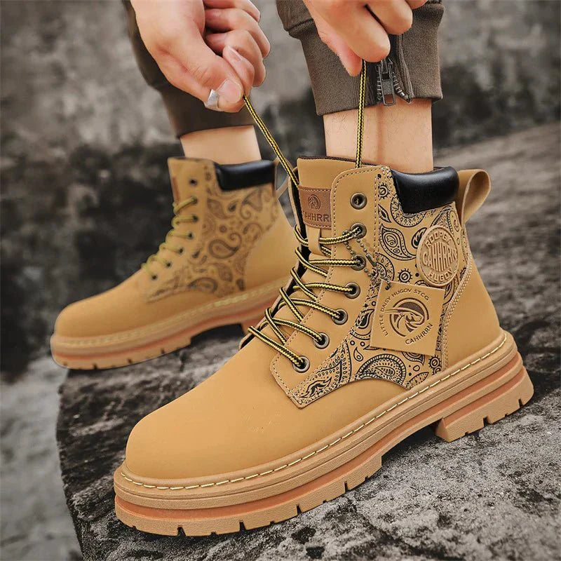 Men’s Lace-Up Work Boots with Rugged Sole and Patterned Side Design