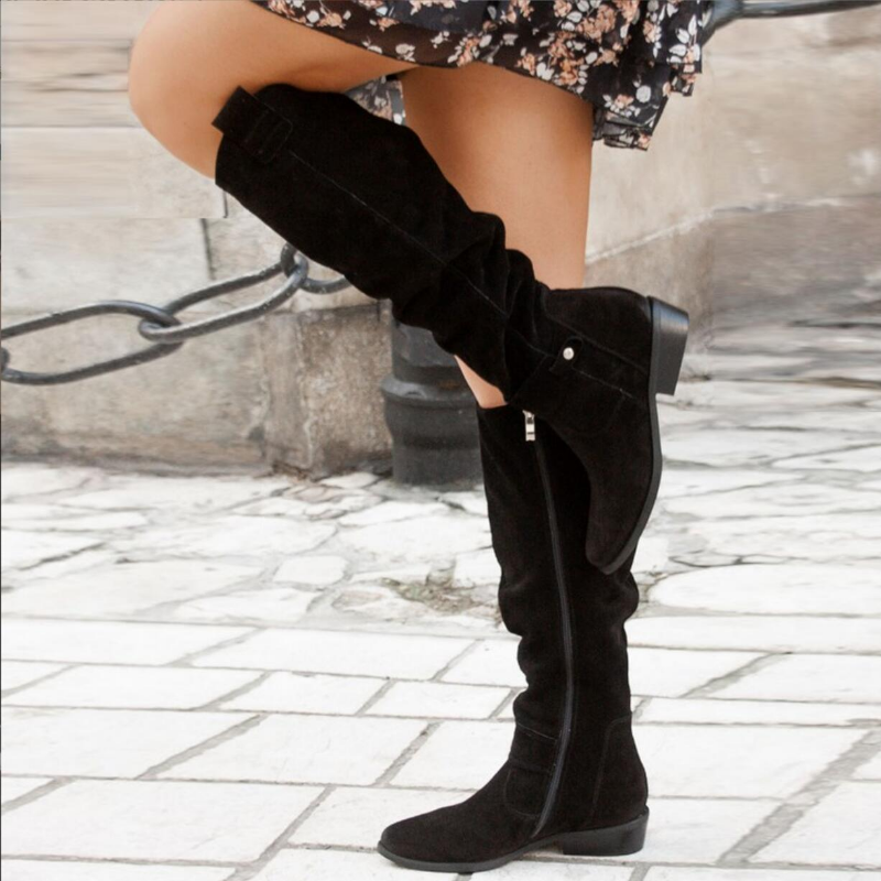 Women's Knee-High Boots with Low Heel and Side Zip Closure