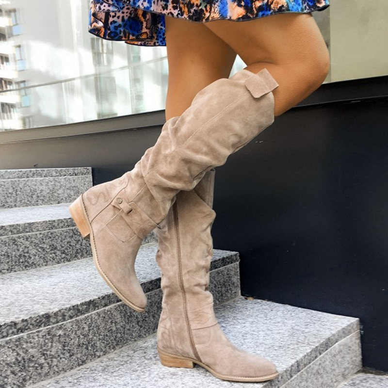Women's Knee-High Boots with Low Heel and Side Zip Closure