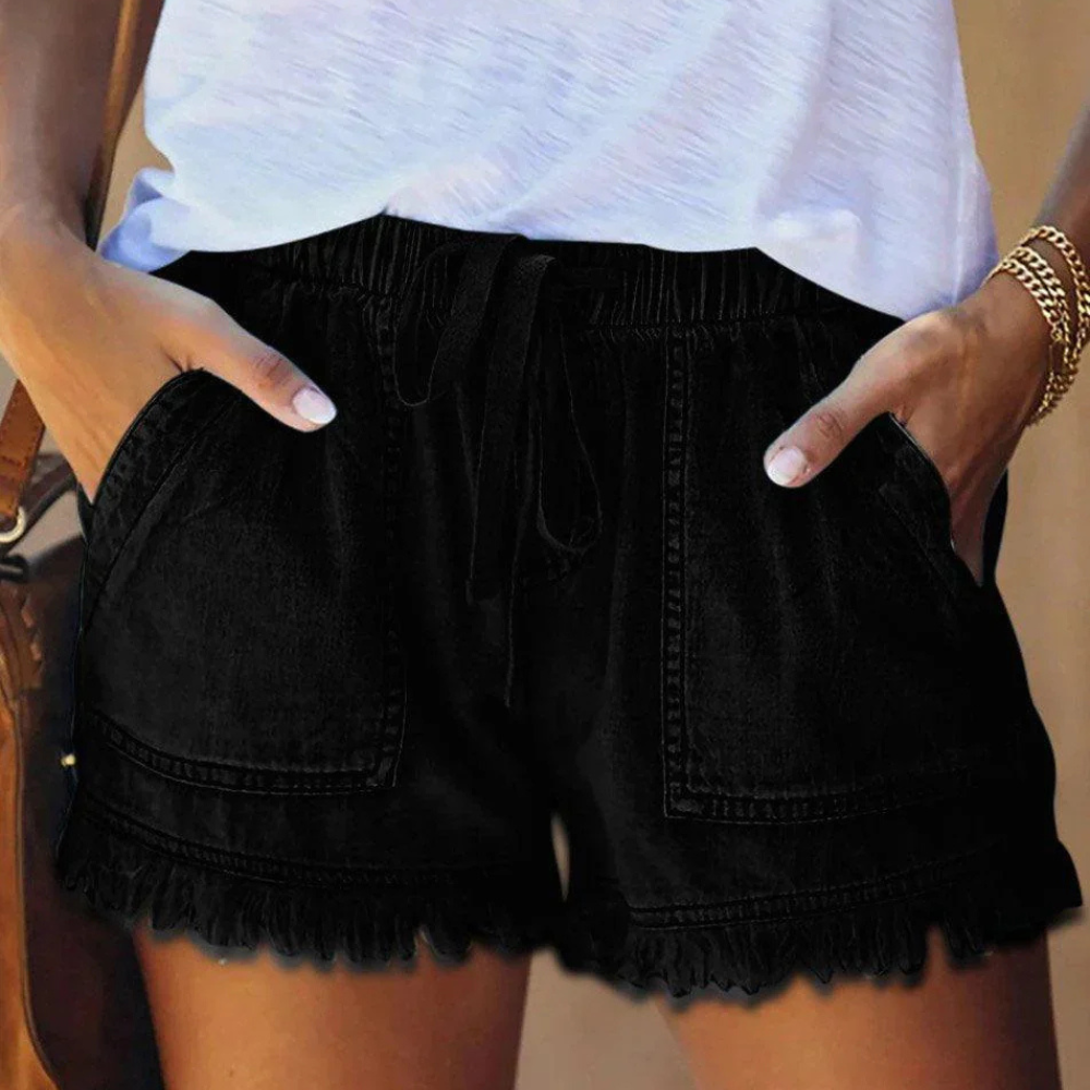 Women's High-Waist Drawstring Denim Shorts with Fringe Hem