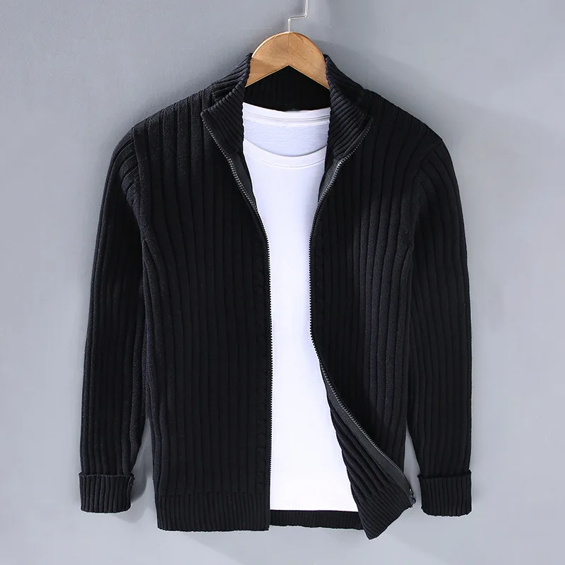 Men's Ribbed Knit Cardigan with Open Front and Fold-Over Collar