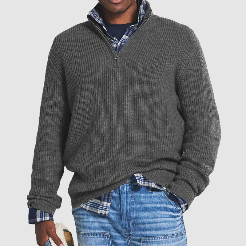 Men’s Ribbed Knit Half-Zip Jumper with Stand Collar and Long Sleeves