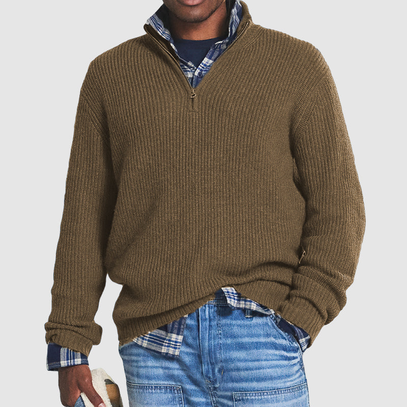 Men’s Ribbed Knit Half-Zip Jumper with Stand Collar and Long Sleeves
