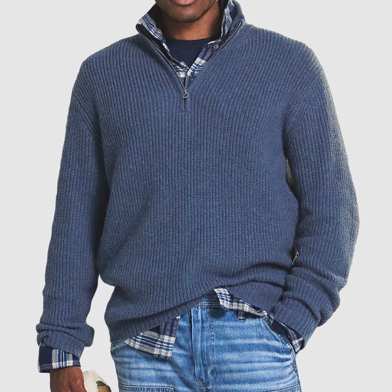 Men’s Ribbed Knit Half-Zip Jumper with Stand Collar and Long Sleeves