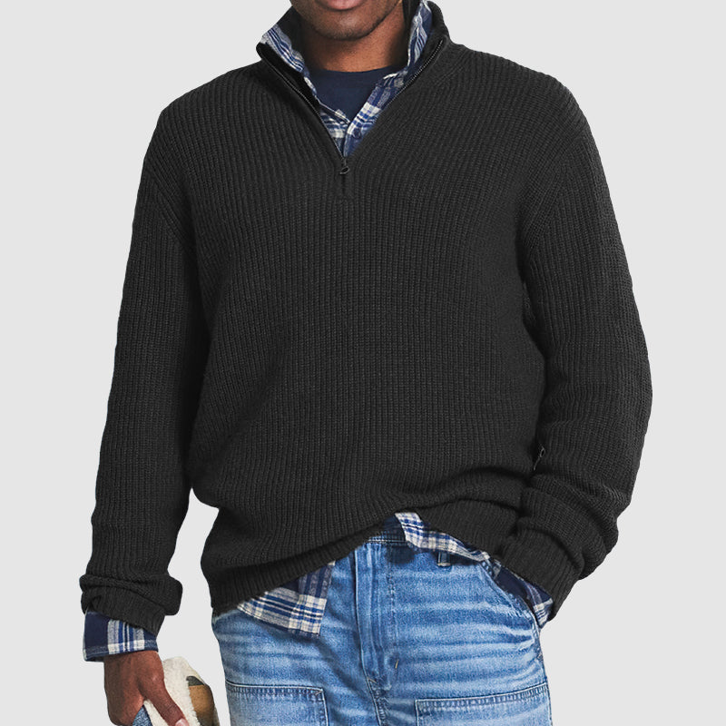 Men’s Ribbed Knit Half-Zip Jumper with Stand Collar and Long Sleeves