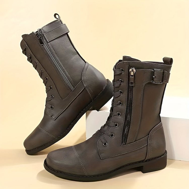 Women’s Lace-Up Mid-Calf Boots with Side Zipper and Buckle Strap Detail