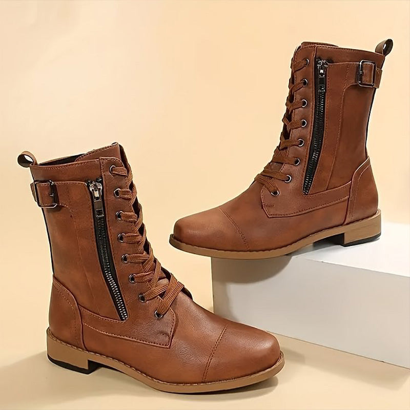 Women’s Lace-Up Mid-Calf Boots with Side Zipper and Buckle Strap Detail
