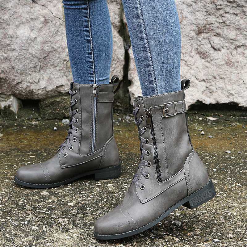 Women’s Lace-Up Mid-Calf Boots with Side Zipper and Buckle Strap Detail