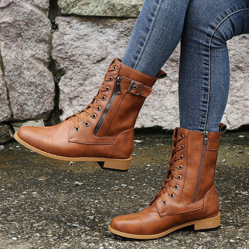 Women’s Lace-Up Mid-Calf Boots with Side Zipper and Buckle Strap Detail