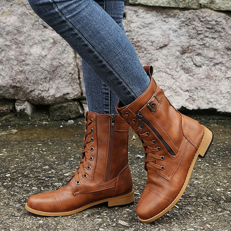 Women’s Lace-Up Mid-Calf Boots with Side Zipper and Buckle Strap Detail