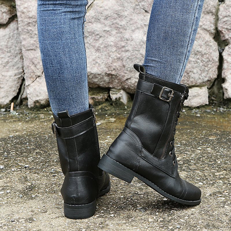 Women’s Lace-Up Mid-Calf Boots with Side Zipper and Buckle Strap Detail