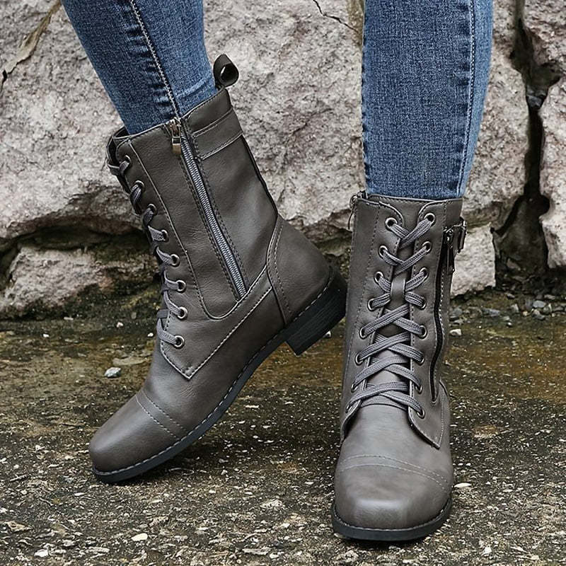 Women’s Lace-Up Mid-Calf Boots with Side Zipper and Buckle Strap Detail