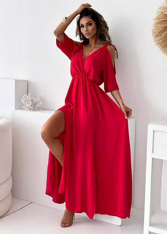 Women's Maxi Dress with Side Slit and Draped Wrap Front Design