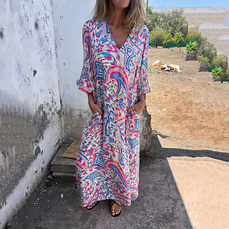 Women's Printed Maxi Dress with V-Neck and Relaxed Fit Sleeves