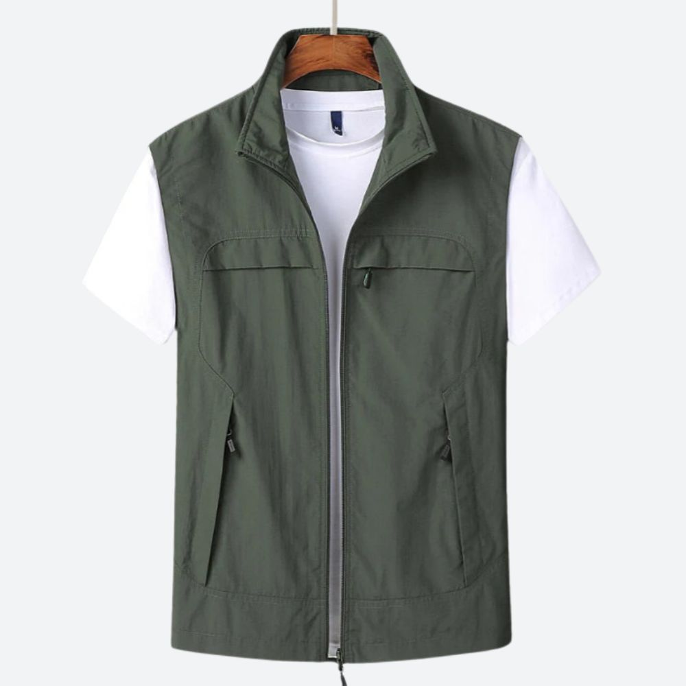 Men's Sleeveless Zip-Up Cardigan with Stand Collar and Pockets