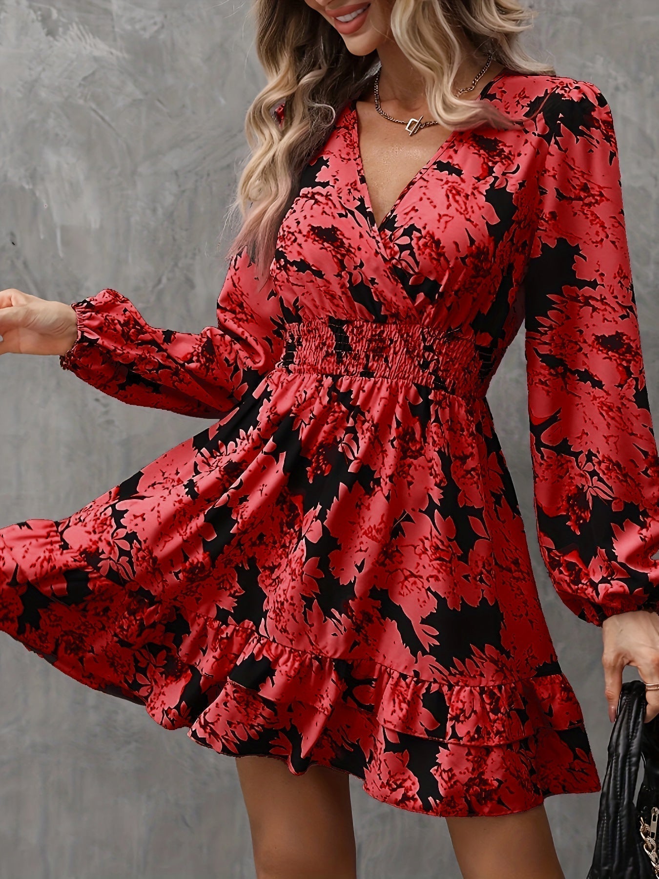 Women's Long Sleeve Floral Mini Dress with Ruffle Hem