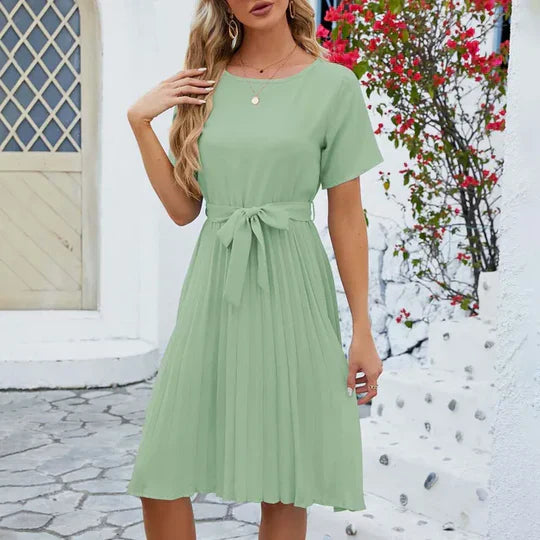 Women's Pleated Midi Dress with Waist Tie and Short Sleeves