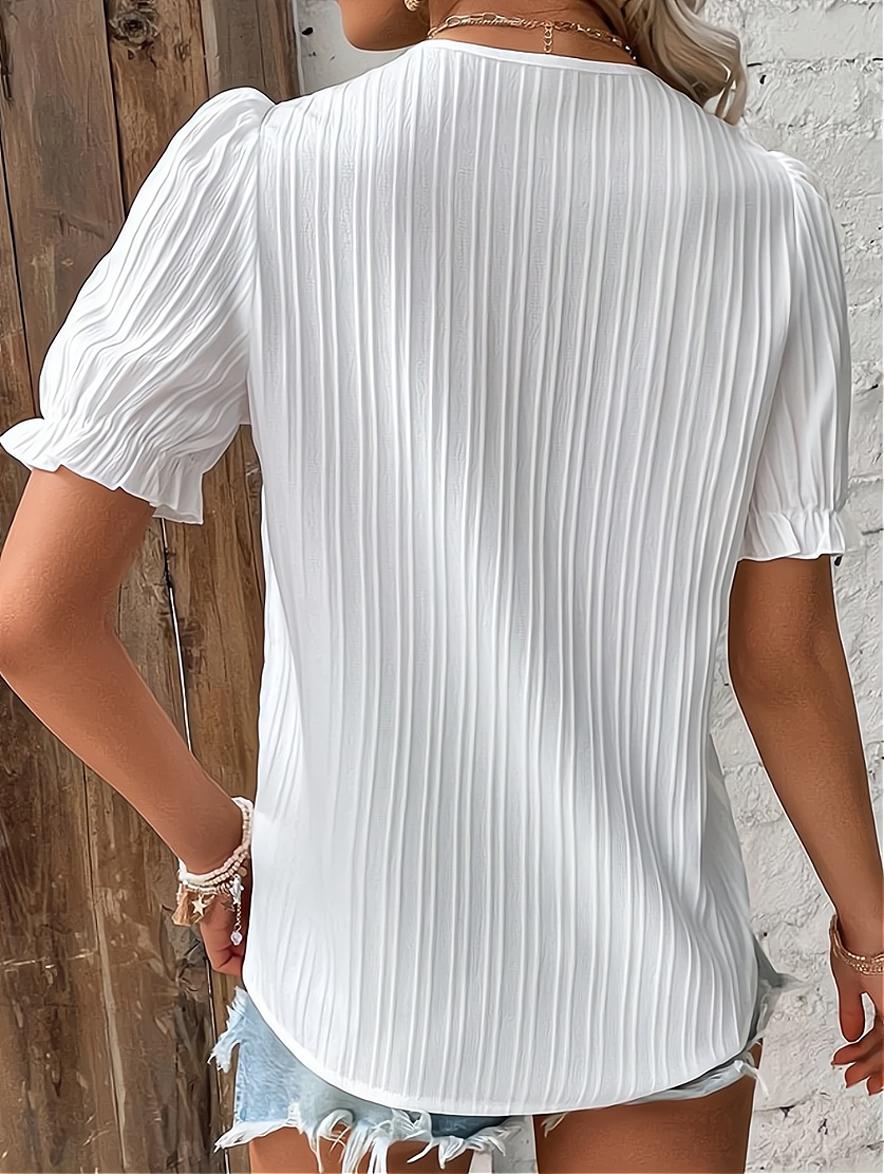 Women's Pleated V-Neck Blouse with Puff Sleeves and Lace Trim