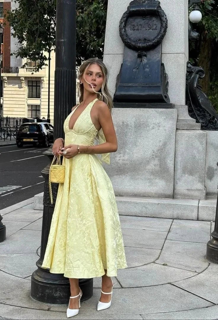 Women's Yellow Halter Pleated Maxi Dress with Fitted Bodice