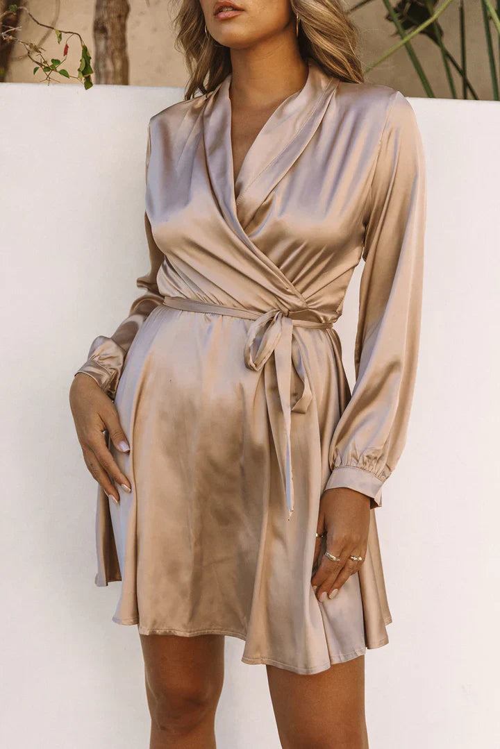 Women's Long Sleeve Wrap Mini Dress with Belted Waist Design