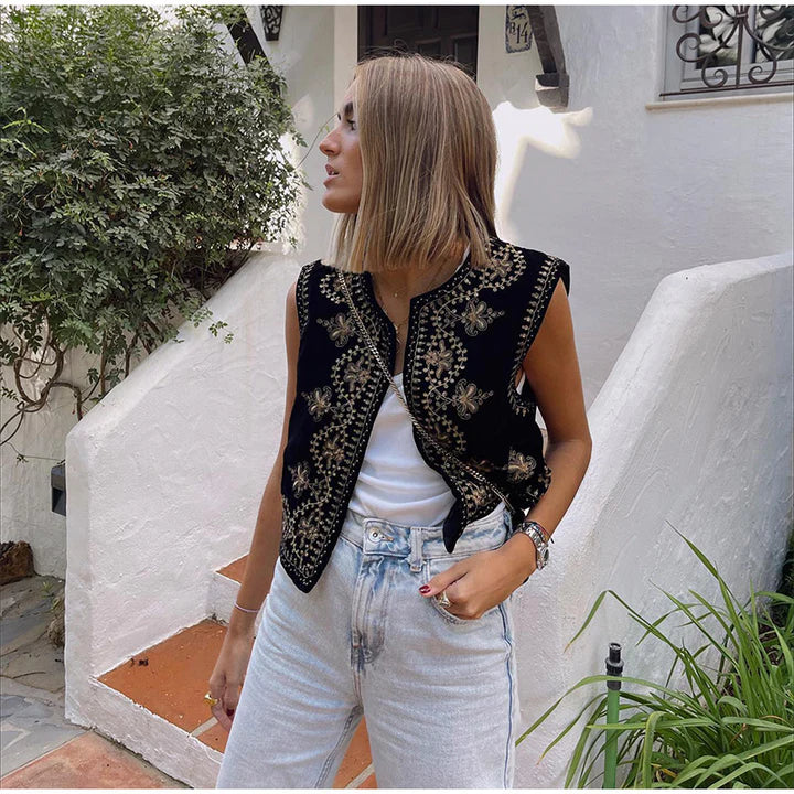 Women's Sleeveless Vintage Embroidered Vest with Open Front Design