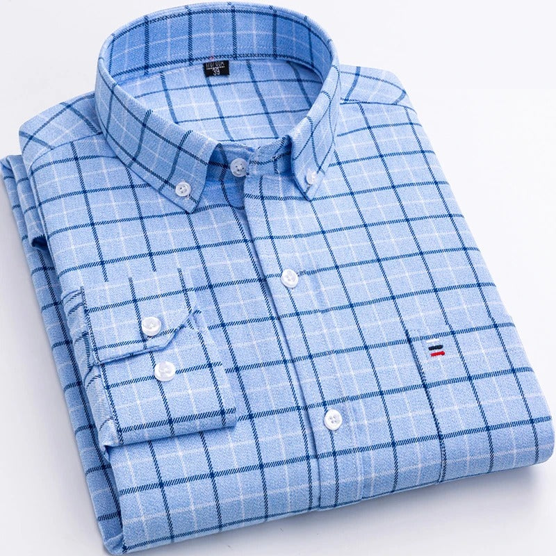 Men's Long Sleeve Checkered Shirt with Button Down Collar