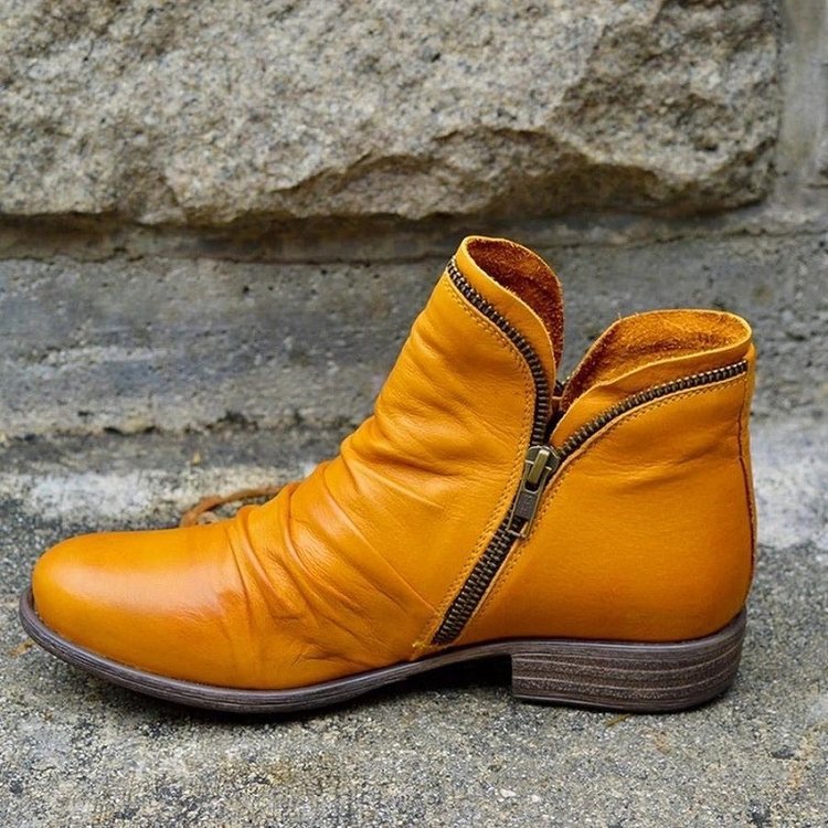 Women’s Side-Zip Ankle Boots with Low Heel and Ruched Detailing