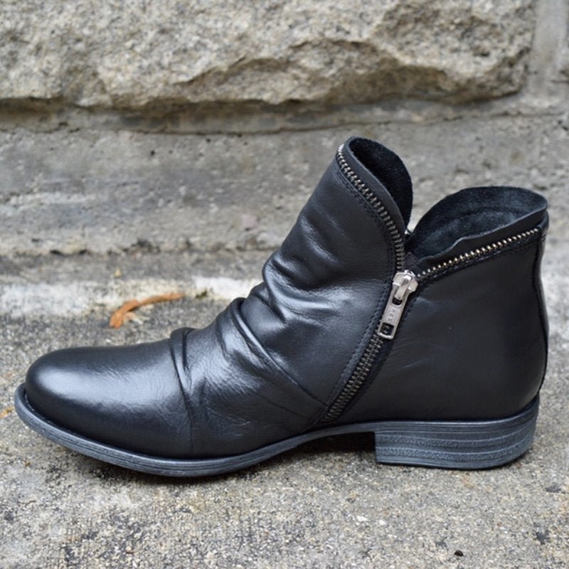 Women’s Side-Zip Ankle Boots with Low Heel and Ruched Detailing