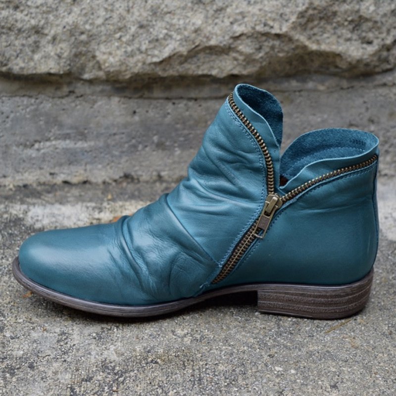 Women’s Side-Zip Ankle Boots with Low Heel and Ruched Detailing
