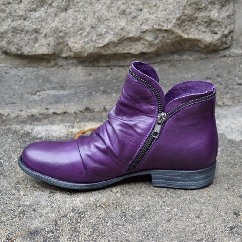 Women’s Side-Zip Ankle Boots with Low Heel and Ruched Detailing