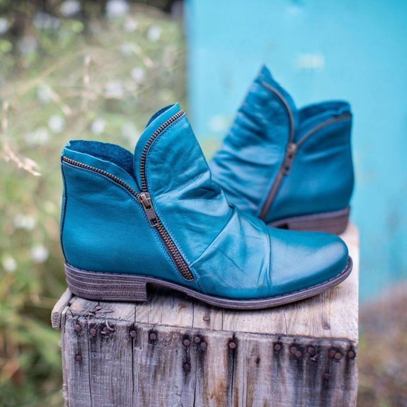 Women’s Side-Zip Ankle Boots with Low Heel and Ruched Detailing
