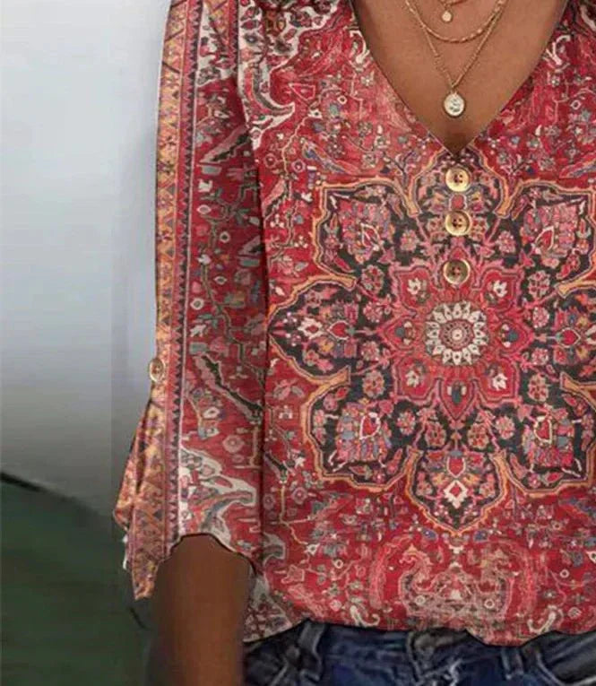Women's Floral V-Neck Button-Down Blouse with Flowing Sleeves