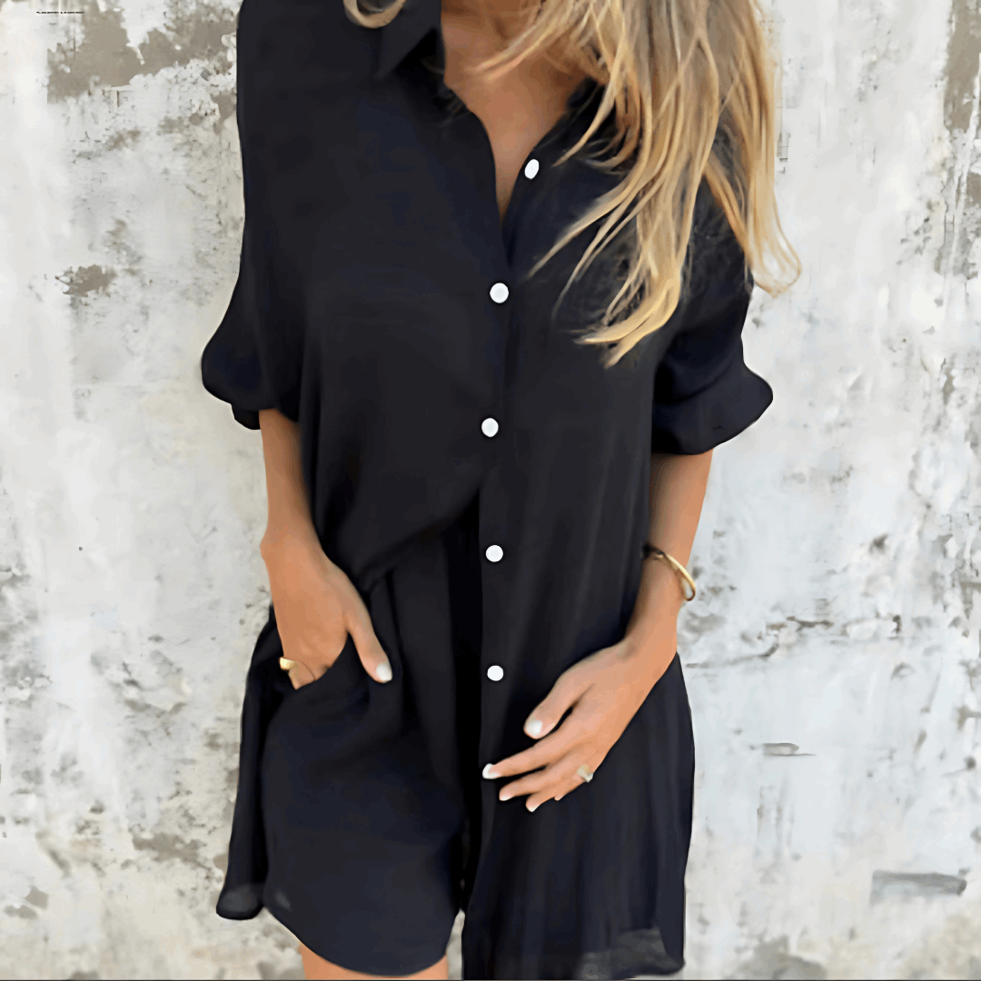 Women's Relaxed Two-Piece Outfit with Button Shirt and Shorts